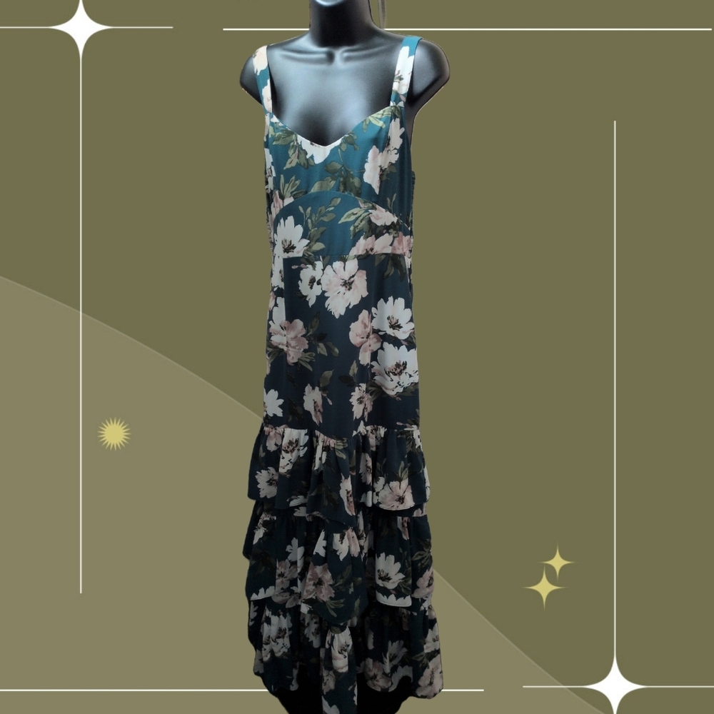 ✨ Abercrombie And Fitch Tiered Ruffle Drama Dress In Teal Floral Size M